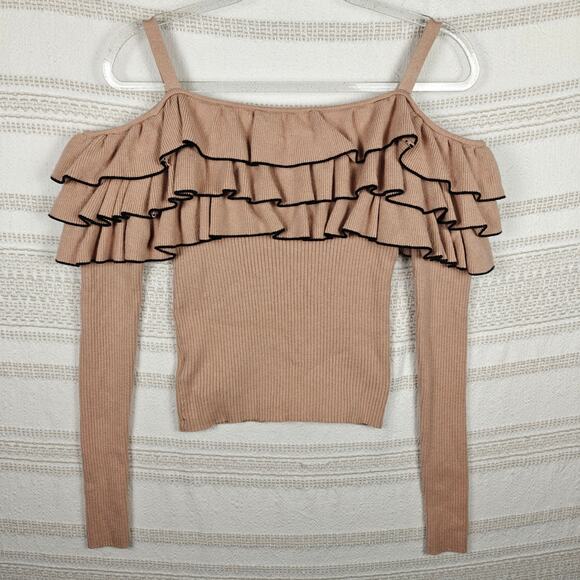 Forever 21 Ruffle Off Shoulder Sweater Pink Beige Ribbed Knit Size XL - Picture 2 of 7